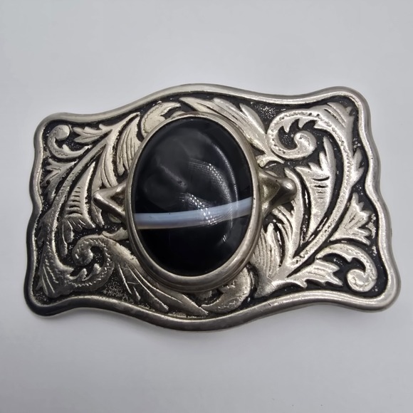 The Unbranded Brand Accessories - Centerpiece Black Banded‎  Cabochon Silver Tone Western Framed Belt Buckle